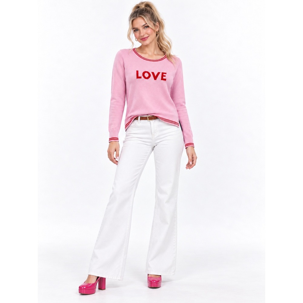 Old Navy Sweater Small Pink Red LOVE Graphic Striped Trim Crew Neck